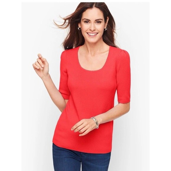 TALBOTS Scalloped Hem Puff Sleeve Sweater Size Small Red NEW Classic Modern - Picture 1 of 8